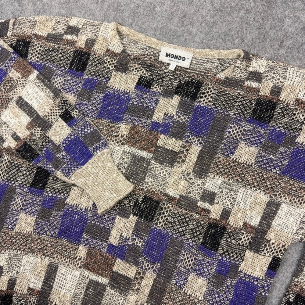 VTG Mondo Sweater Mens Medium Brown Purple‎ 3D Knit Patchwork Abstract Italy 90s